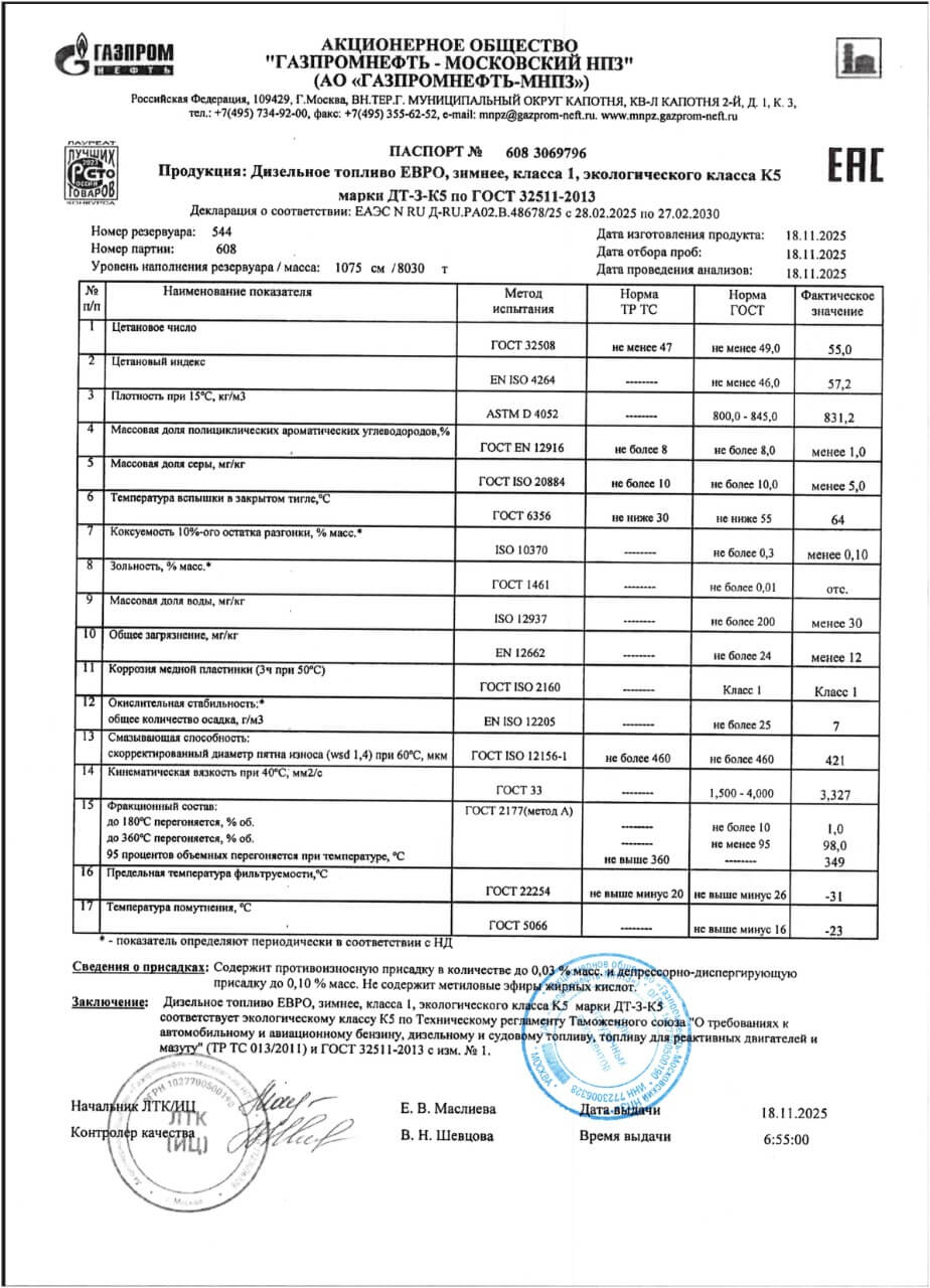 Дизельное топливо зимнее Газпромнефть класс 1